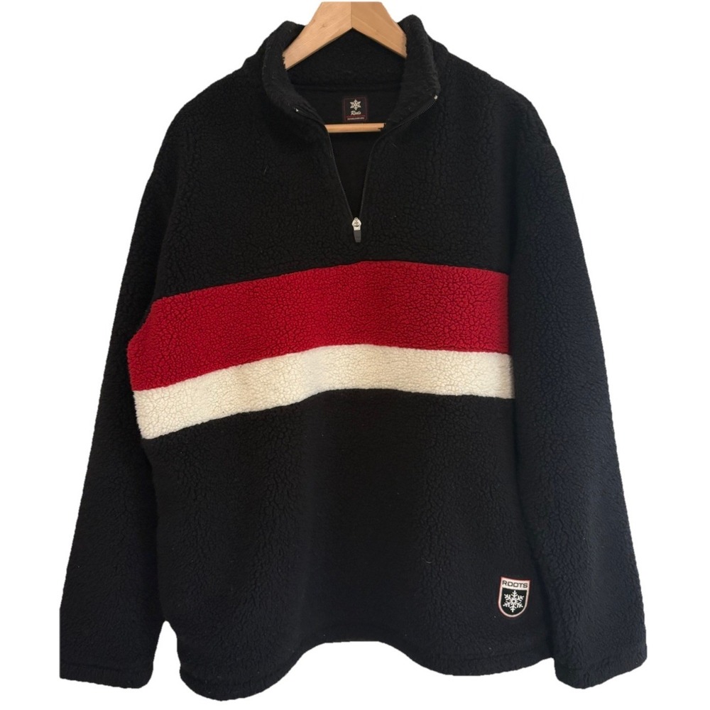Roots Teddy Sherpa Fleece 1/4 Zip Pullover Black Red White Stripe Women's Large